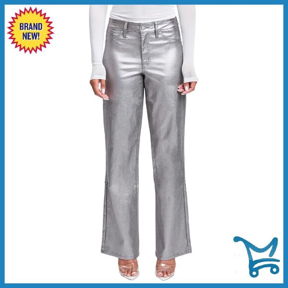 Pants - High Rise Straight Leg Metallic Pants Women's Hyperstretch Rayon Nylon Spandex